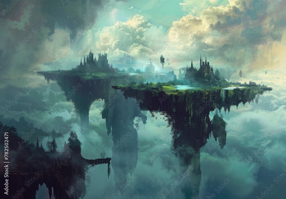 Surreal landscapes that blur the line between reality and fantasy, with dreamlike scenery, floating islands, and mystical atmospheres that transport viewers to otherworldly realms. - obrazy, fototapety, plakaty 
