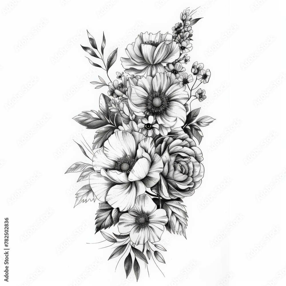 flower, floral, vector, nature, pattern, leaf, illustration, drawing, design, vintage, spring, plant, art, decoration, blossom, sketch, summer, seamless, branch, element, flowers, black, beauty, flora