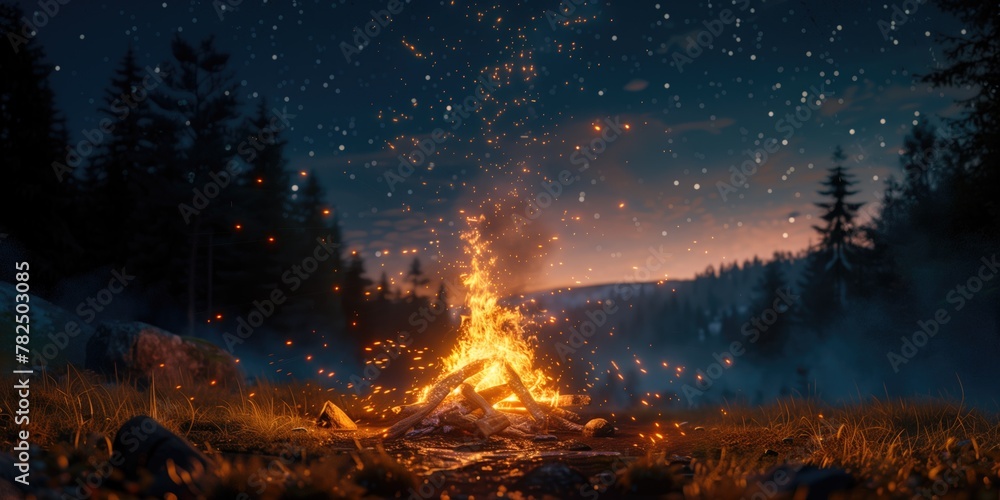 Wallpaper with a Campfire, Enchanting Evening Campfire with Glowing Sparks in a Blue Forest