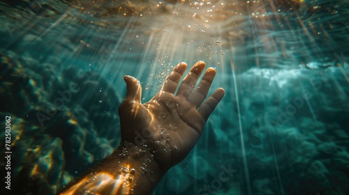 Underwater Photography of a Hand Reaching Toward Sunlight, Surreal Hand Emergence to Sunlit Water Surface with Vivid Bubbles