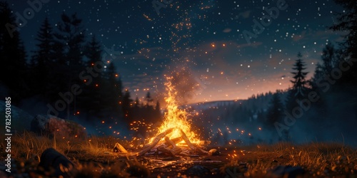 Wallpaper with a Campfire  Enchanting Evening Campfire with Glowing Sparks in a Blue Forest
