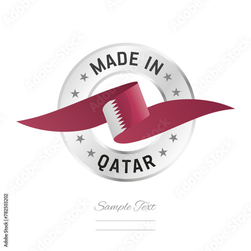 Made in Qatar. Qatar flag ribbon with circle silver ring seal stamp icon. Qatar sign label vector isolated on white background