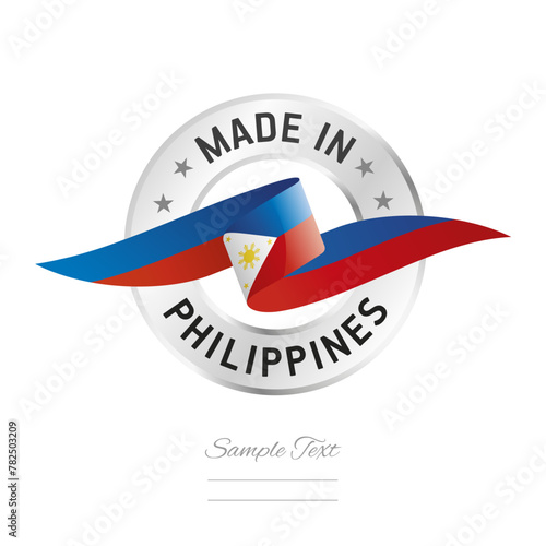 Made in Philippines. Philippines flag ribbon with circle silver ring seal stamp icon. Philippines sign label vector isolated on white background
