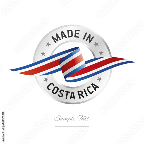 Made in Costa Rica. Costa Rica flag ribbon with circle silver ring seal stamp icon. Costa Rica sign label vector isolated on white background