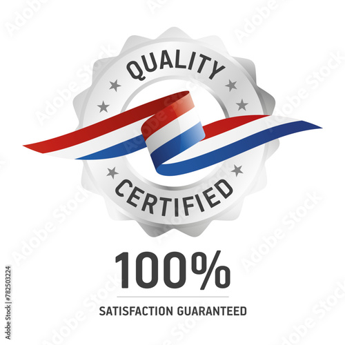 Quality Certified. Red white blue quality seal stamp logo icon with ribbon and circle silver ring. Quality Certified sign label vector isolated on white background