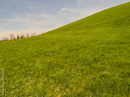 Partial view of an idyllic grassy green hill, focus on the slope of the hill to the valley. Captured during springtime. Blue skies and wispy clouds above.