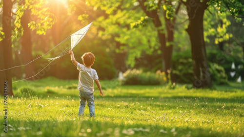A young boy joyfully flies white kite in a park on a sunny day, surrounded by green trees and grass photo