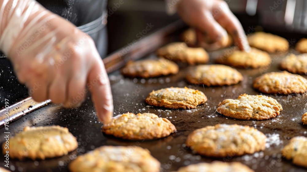 A person carefully sets a cookie on top of a cookie sheet A person carefully sets a cookie on top of a cookie sheet