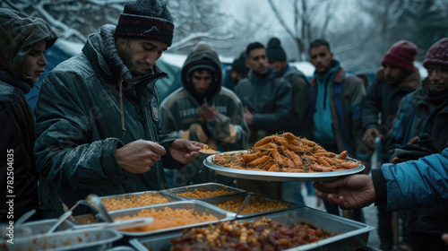 Volunteers distribute warm food to a group of refugees braving the winter chill, showcasing a moment of community and support