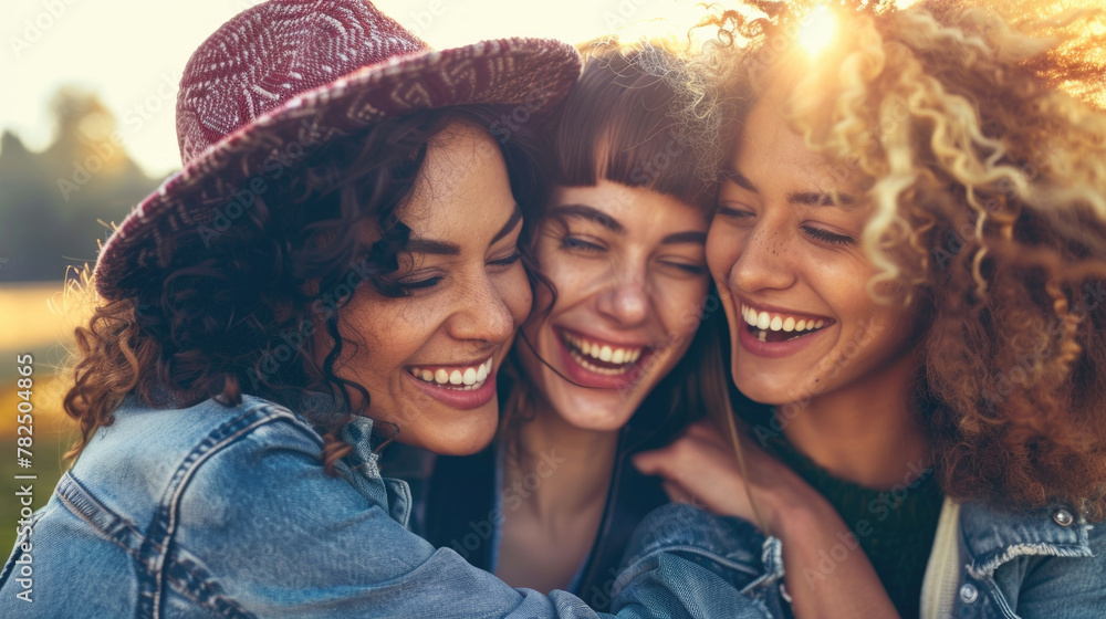 Fototapeta premium A group of young women standing together in an embrace, displaying warmth and friendship