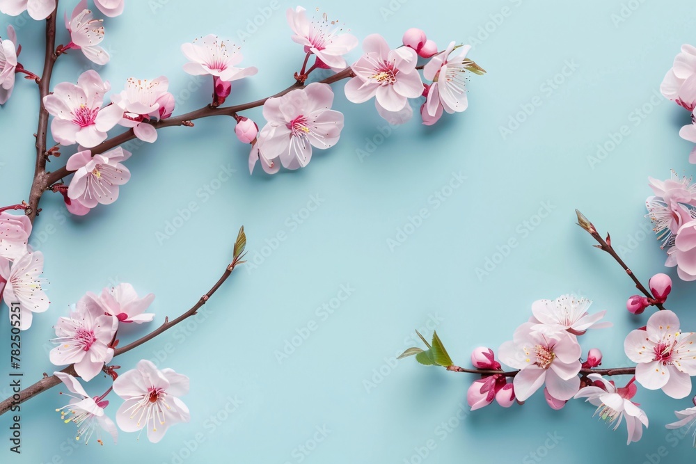Branch with pink flowers on blue background. Generative AI