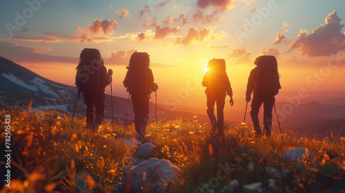 Silhouettes of four young hikers with backpacks are walking in mountains at sunset time. photo