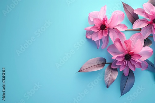 Pink flowers blooming on blue background with leaves. Generative AI © Yana Gavriloski