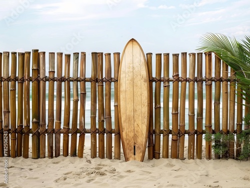 A wooden vintage surfboard and bamboo fence stand in the sand. 