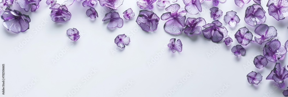 Banner Delicate lilac flowers are made of glass and ice. Macro floral background, top view.