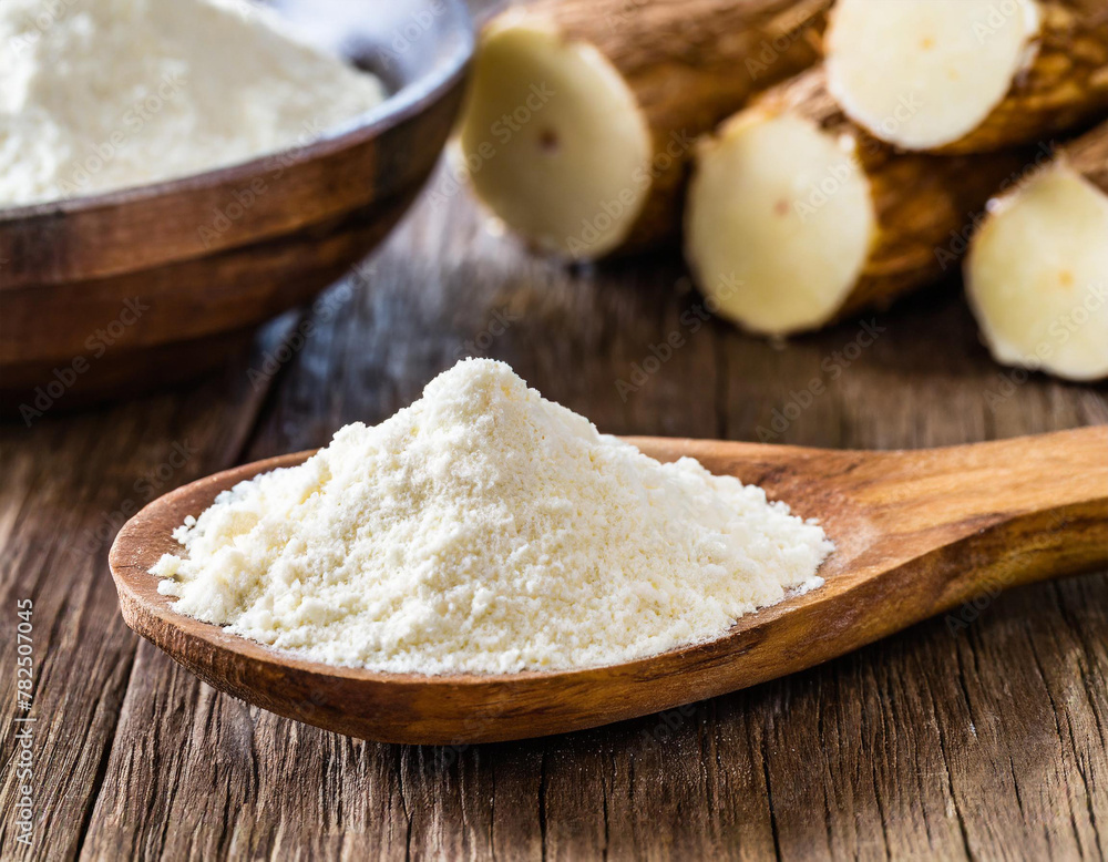 Wooden spoon with manioc flour. Root used in Brazilian cuisine Wooden spoon with manioc flour. Root used in Brazilian cuisine