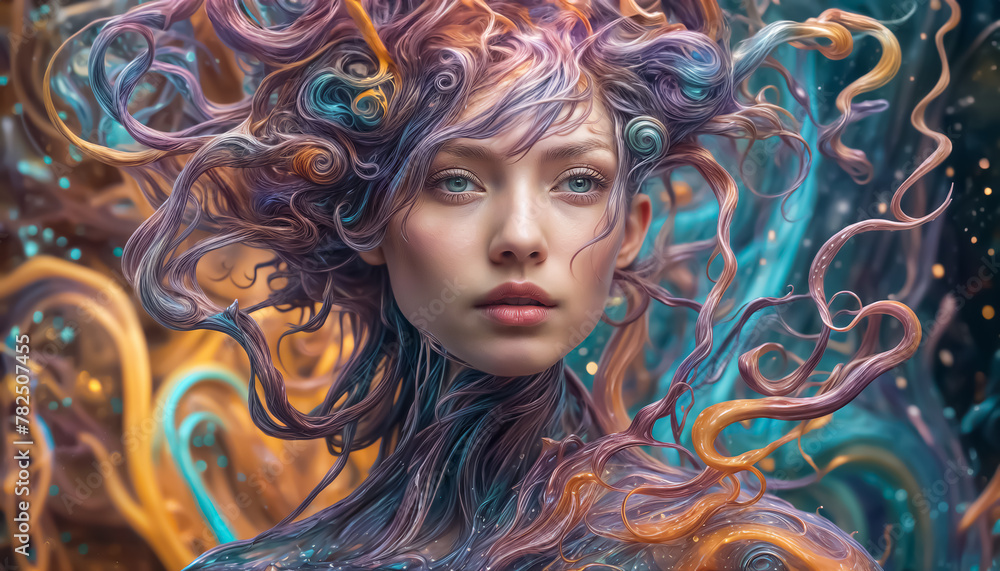 Fantasy girl. Surreal woman. Long multi-colored hair. The hair is woven into threads and streams of paint Fantasy girl. Surreal woman. Long multi-colored hair. The hair is woven into threads and streams of paint