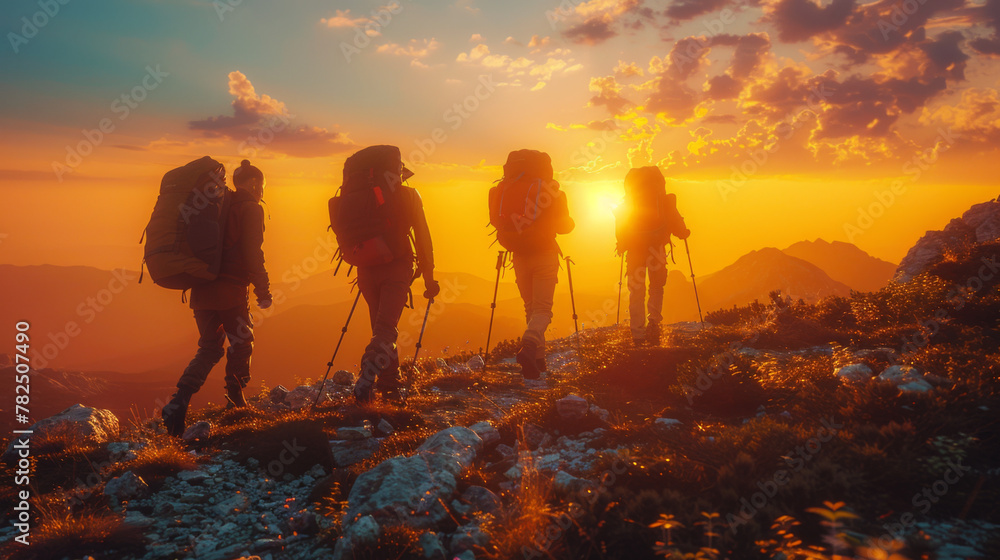 Obraz premium Silhouettes of four young hikers with backpacks are walking in mountains at sunset time.