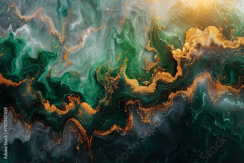 A painting depicting a green and gold marble texture