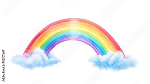 Beautiful rainbow with clouds in hand drawn style isolated on white background.