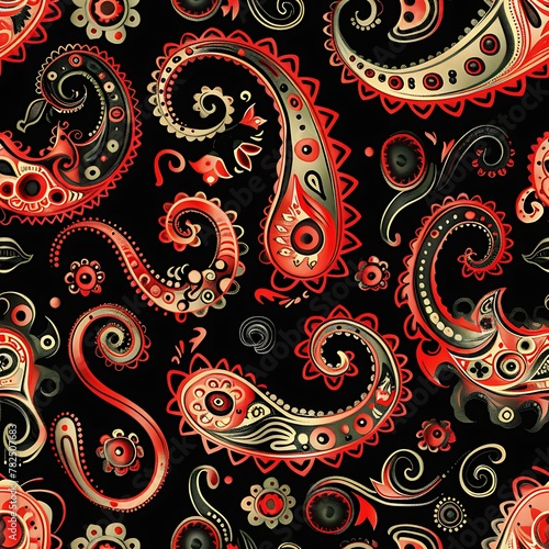 A Swirl of Paisleys seamless pattern bright red and black. ornament tile wallpaper