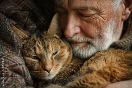 A bearded man cradles a small to mediumsized cat in his arms photo