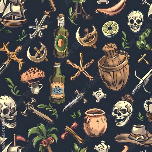 pirate theme seamless pattern. Rum skull dagger treasures illustration on black backgroung , wallpaper cartton tile photo