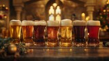 Row of craft beer on a rustic wooden table in a festive setting, against a blurred pub background