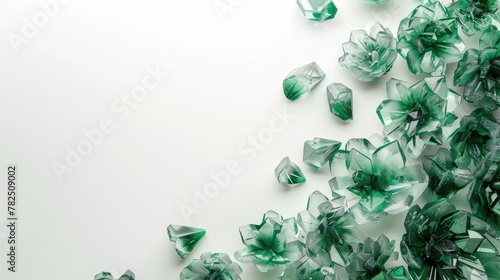 bstract background with many emerald, green glass flowers for decoration. Top view, copy space photo