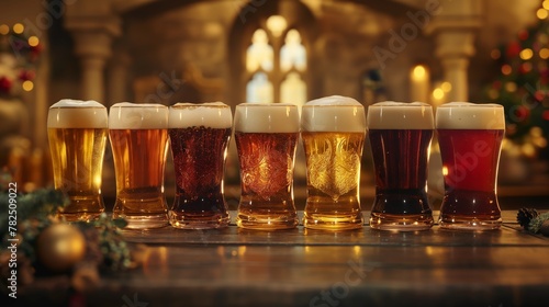 Row of craft beer on a rustic wooden table in a festive setting, against a blurred pub background