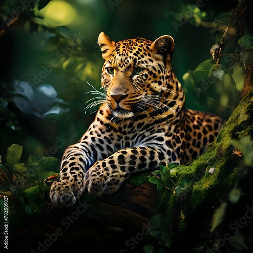  Captivating image of a relaxed leopard lounging on a tree branch in a lush green forest. 