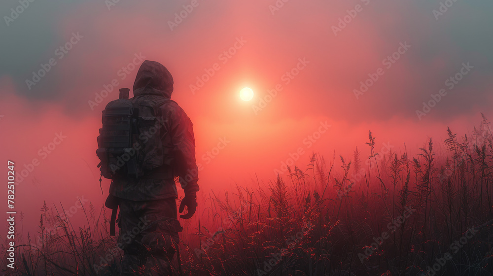 Silhouette of a soldier in the fog.