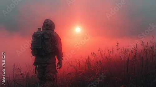 Silhouette of a soldier in the fog.