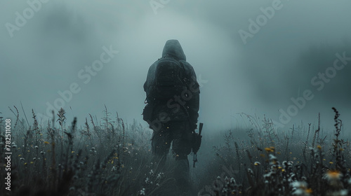 Silhouette of a soldier in the fog. photo
