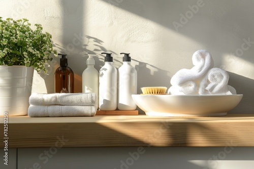 Bathroom countertop with sink, towels, soap, and bottles