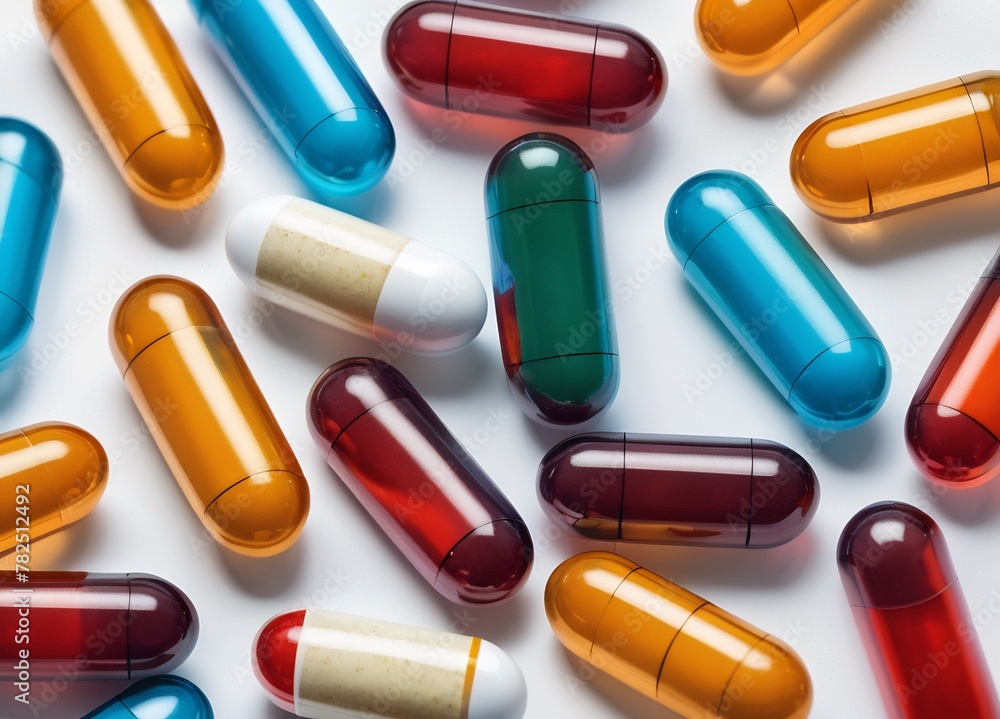 An Array of Pharmaceutical Capsules. This image displays a variety of colorful pharmaceutical capsules scattered across a pristine white surface. 