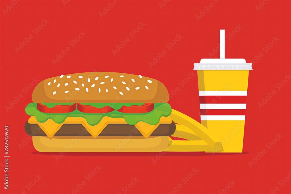 A playful vector illustration of a burger and soda, great for fast food promotions or menu visuals with a bold red background providing copy space. A playful vector illustration of a burger and soda, great for fast food promotions or menu visuals with a bold red background providing copy space.