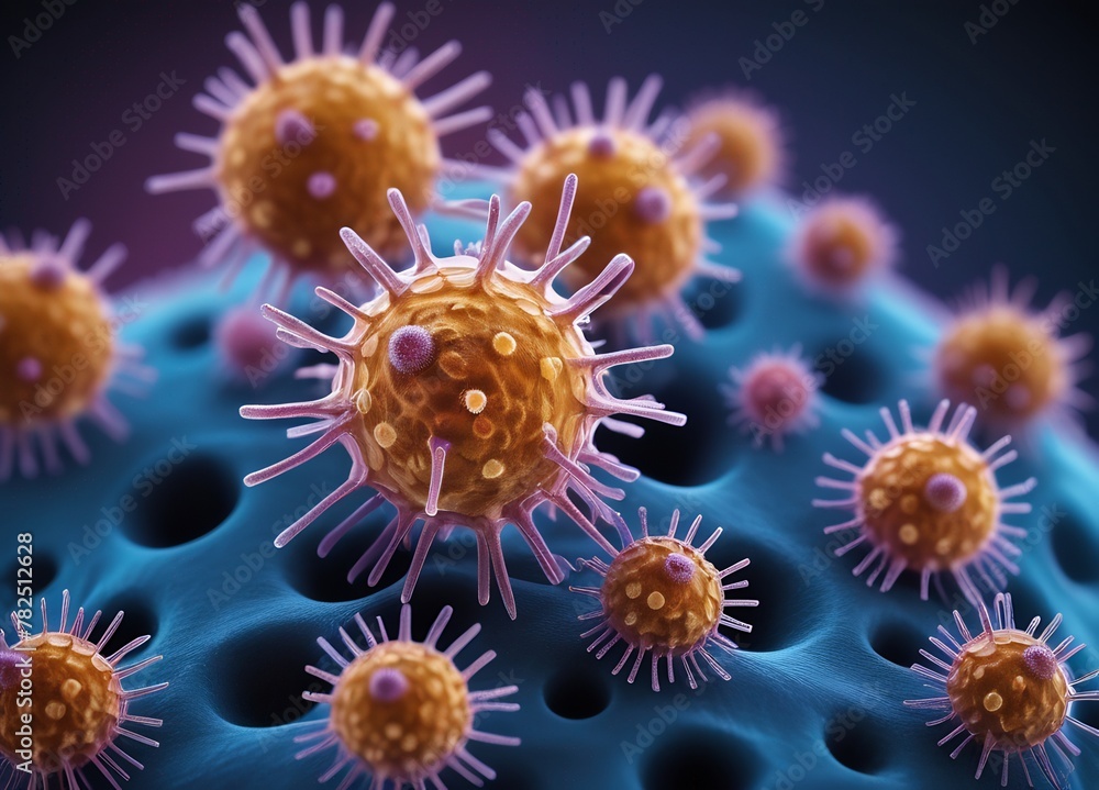 Fototapeta premium A mesmerizing microscopic view of viruses and bacteria, their intricate structures and vibrant colors stark against a deep blue backdrop. A fascinating peek into the unseen world of microbiology.