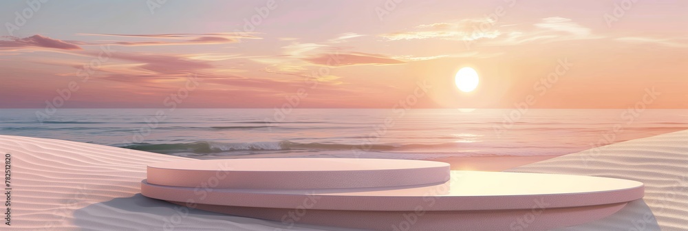 A pink-tinted podium set against the ocean at sunset, with soft sand dunes, offering a beautiful space for product display with a dreamy sky as the backdrop.