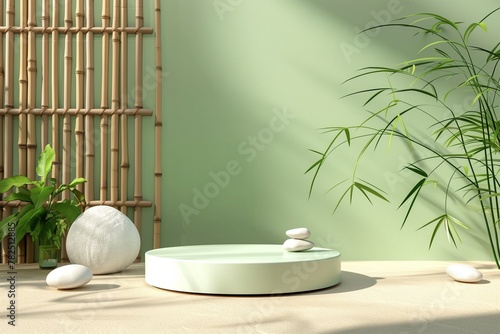 A zen-like podium setup, complemented by bamboo background and balancing stones, creates a calm environment for product display, offering a soothing scene with ample copy space.