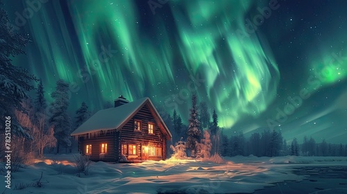 Northern lights dancing above a cozy cabin in a snowy landscape, soft tones, fine details, high resolution, high detail, 32K Ultra HD, copyspace