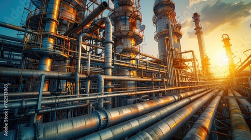 Petrochemical plant with pipes and distillation columns under bright sunlight, soft tones, fine details, high resolution, high detail, 32K Ultra HD, copyspace photo