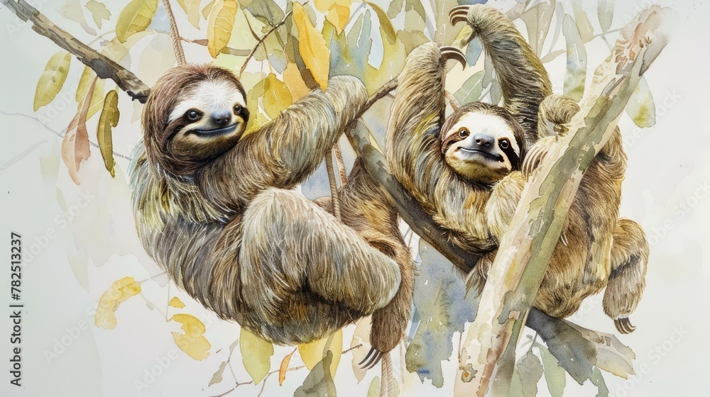 Fototapeta premium Two sloths hanging from a tree branch, illustrated in watercolor, soft tones, fine details, high resolution, high detail, 32K Ultra HD, copyspace