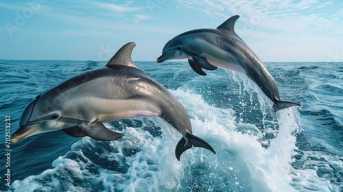 Two dolphins leaping joyfully over ocean waves under blue skies  soft tones  fine details  high resolution  high detail  32K Ultra HD  copyspace
