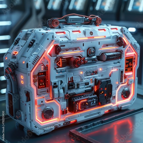 Sleek D Render of Robotic Toolbox with Intricate Red Lighting Showcasing Technological Evolution of Tools and Equipment © Sittichok