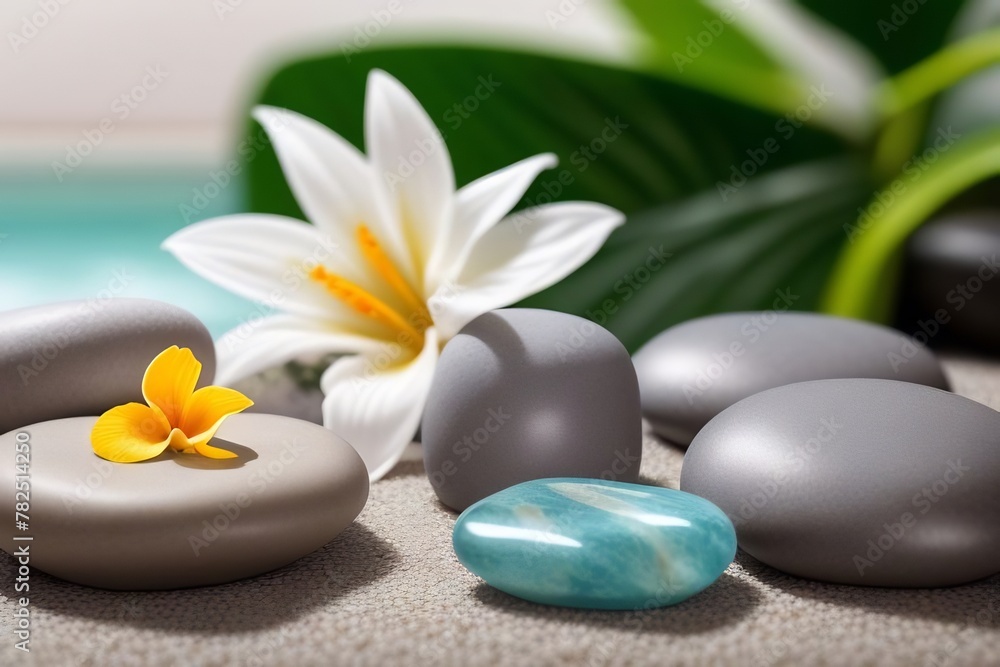 Immerse in the tranquility of a spa retreat with this image. It showcases a harmonious blend of smooth spa stones and vibrant flowers, symbols of relaxation and rejuvenation. Immerse in the tranquility of a spa retreat with this image. It showcases a harmonious blend of smooth spa stones and vibrant flowers, symbols of relaxation and rejuvenation.
