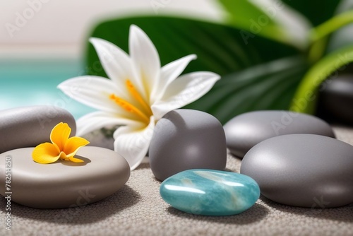 Immerse in the tranquility of a spa retreat with this image. It showcases a harmonious blend of smooth spa stones and vibrant flowers, symbols of relaxation and rejuvenation.