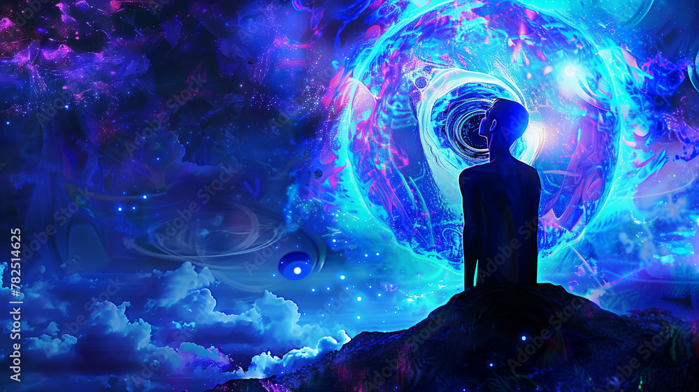 abstract colorful picture a human head on starry space background amid swirls of bright colors. intuition concept, creativity and dreaminess abstract colorful picture a human head on starry space background amid swirls of bright colors. intuition concept, creativity and dreaminess