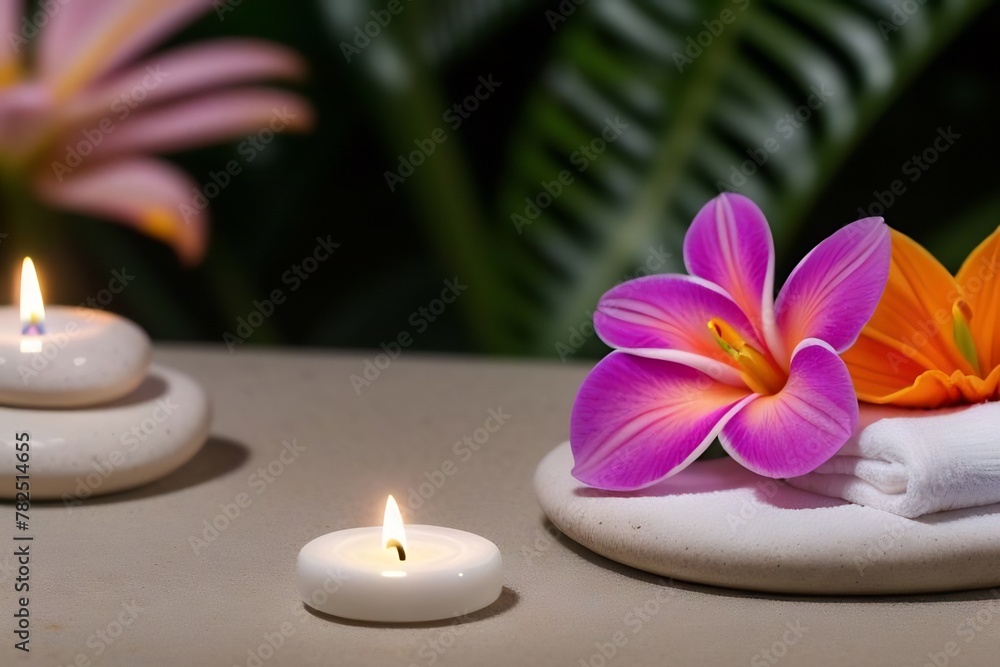 Immerse in the tranquility of a spa retreat with this image. It showcases a harmonious blend of smooth spa stones and vibrant flowers, symbols of relaxation and rejuvenation.