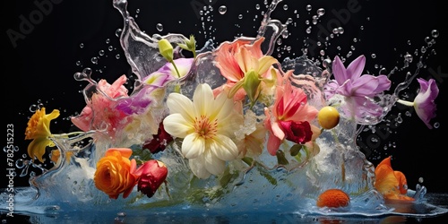 Bouquet of flowers in splashes of colorful water -, concept of Splashing colors